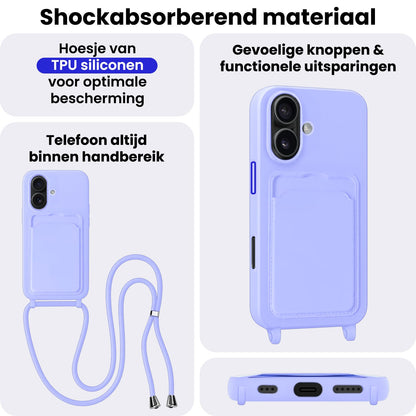 iPhone 16 Plus Hoesje Met Telefoonkoord en Pasjeshouder Siliconen - Lila