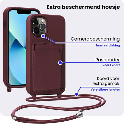 iPhone 13 Pro Hoesje Met Telefoonkoord en Pasjeshouder Siliconen - Aubergine