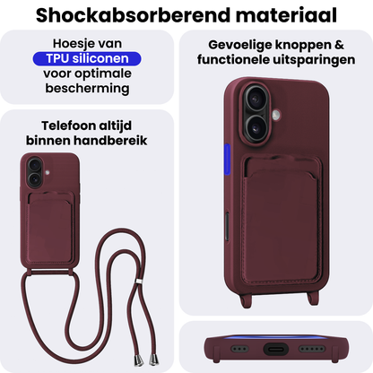 iPhone 16 Hoesje Met Telefoonkoord en Pasjeshouder Siliconen - Aubergine