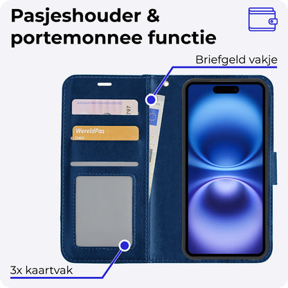 iPhone 16 Hoesje Bookcase Cover met Kaarthouder - Donkerblauw