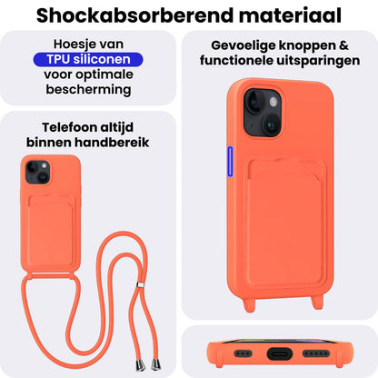 iPhone 13 Hoesje Met Telefoonkoord en Pasjeshouder Siliconen - Papaya