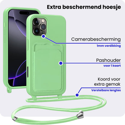 iPhone 16 Pro Max Hoesje Met Telefoonkoord en Pasjeshouder Siliconen - Groen