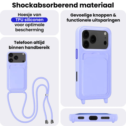 iPhone 17 Pro Max Hoesje Met Telefoonkoord en Pasjeshouder Siliconen - Lila
