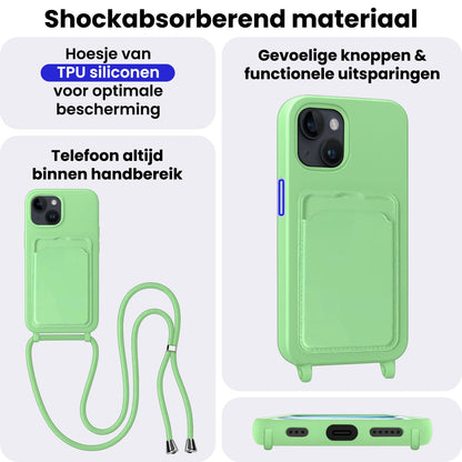 iPhone 15 Plus Hoesje Met Telefoonkoord en Pasjeshouder Siliconen - Groen