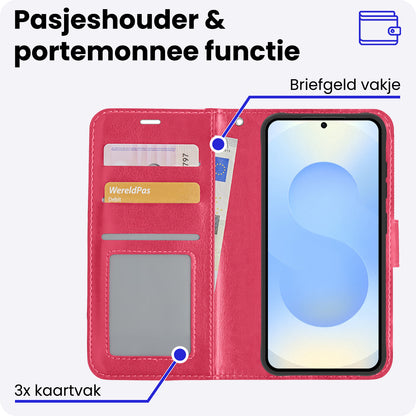 Samsung S25 Hoesje Bookcase Cover met Kaarthouder - Donkerroze