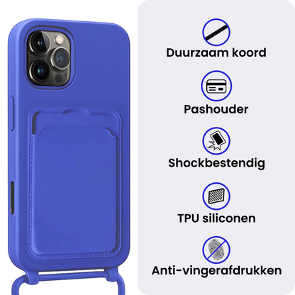 iPhone 16 Pro Max Hoesje Met Telefoonkoord en Pasjeshouder Siliconen - Felblauw