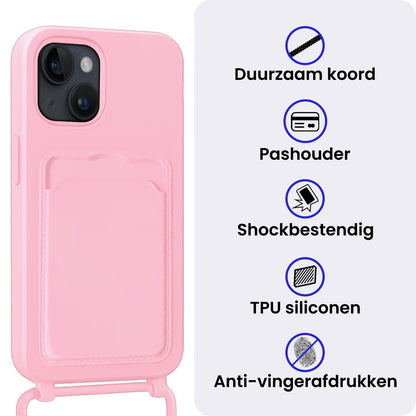 iPhone 15 Plus Hoesje Met Telefoonkoord en Pasjeshouder Siliconen - Lichtroze