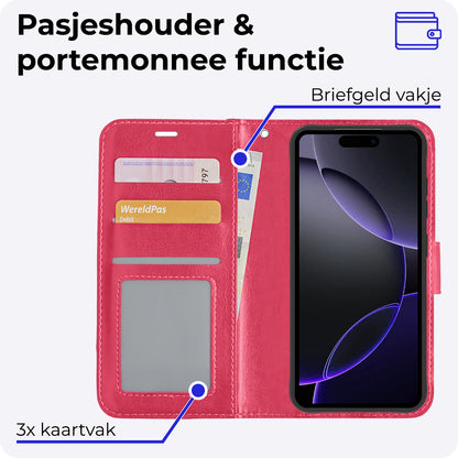 iPhone 16 Pro Max Hoesje Bookcase Cover met Kaarthouder - Donkerroze