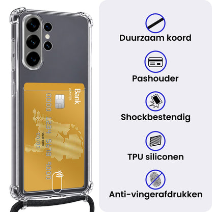Samsung S26 Ultra Hoesje Kaarthouder met Koord Backcover Shockproof - Transparant