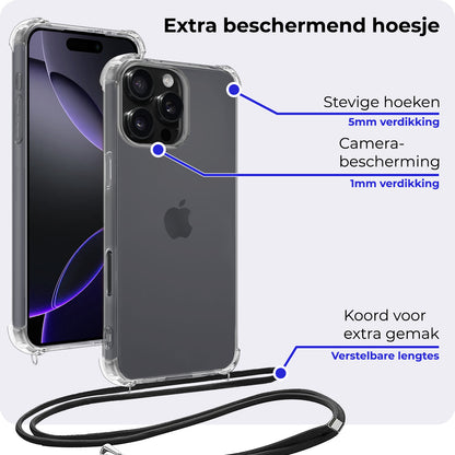 iPhone 16 Pro Max Hoesje met Koord Backcover Shockproof - Transparant