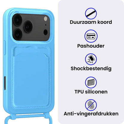 iPhone 17 Pro Max Hoesje Met Telefoonkoord en Pasjeshouder Siliconen - Lichtblauw