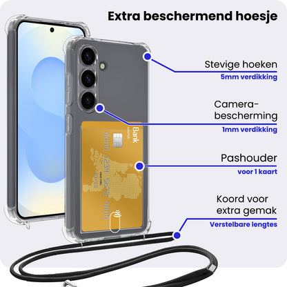Samsung S25 Hoesje Kaarthouder met Koord Backcover Shockproof - Transparant