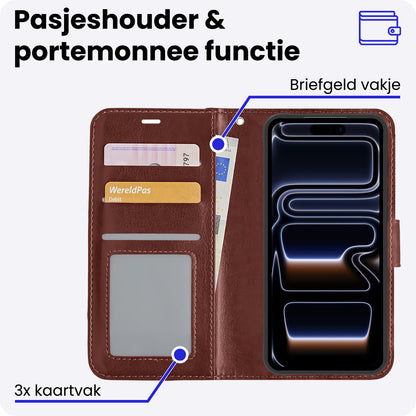 iPhone 17 Pro Hoesje Bookcase Cover met Kaarthouder - Bruin