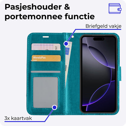 iPhone 16 Pro Hoesje Bookcase Cover met Kaarthouder - Turquoise