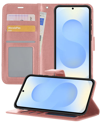 Samsung S25 Hoesje Bookcase Cover met Kaarthouder - Rosé goud