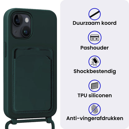 iPhone 13 Hoesje Met Telefoonkoord en Pasjeshouder Siliconen - Donkergroen
