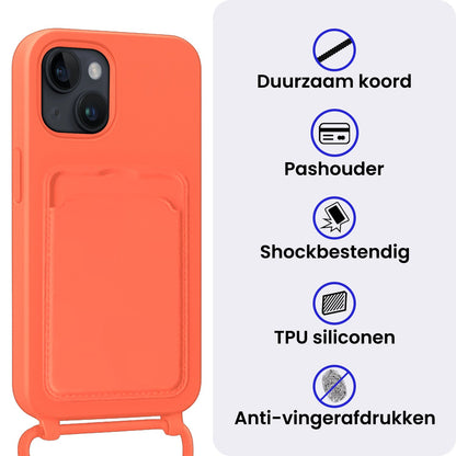 iPhone 14 Hoesje Met Telefoonkoord en Pasjeshouder Siliconen - Papaya