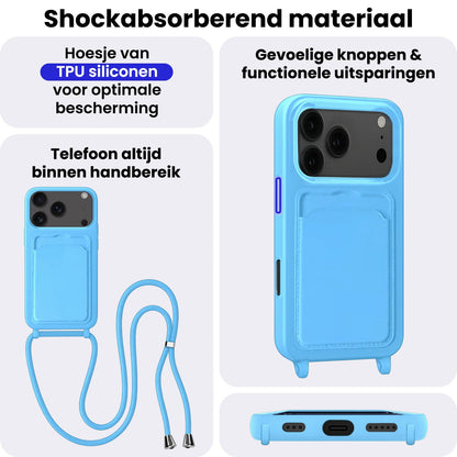 iPhone 17 Pro Max Hoesje Met Telefoonkoord en Pasjeshouder Siliconen - Lichtblauw