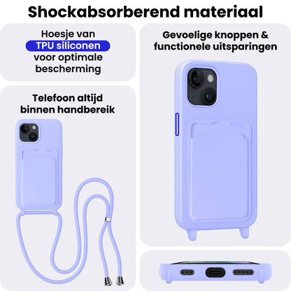 iPhone 14 Hoesje Met Telefoonkoord en Pasjeshouder Siliconen - Lila
