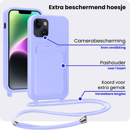 iPhone 14 Plus Hoesje Met Telefoonkoord en Pasjeshouder Siliconen - Lila