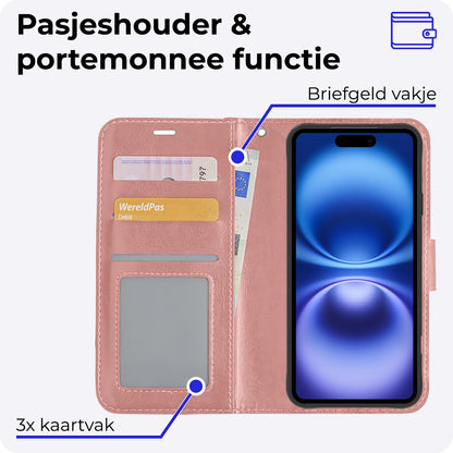 iPhone 16 Plus Hoesje Bookcase Cover met Kaarthouder - Rosé goud