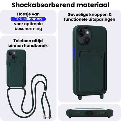 iPhone 15 Hoesje Met Telefoonkoord en Pasjeshouder Siliconen - Donkergroen