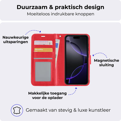 iPhone 16 Pro Hoesje Bookcase Cover met Kaarthouder - Rood