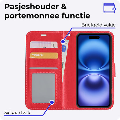 iPhone 16 Plus Hoesje Bookcase Cover met Kaarthouder - Rood