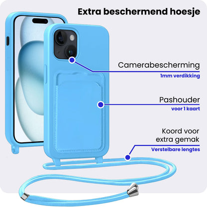iPhone 15 Plus Hoesje Met Telefoonkoord en Pasjeshouder Siliconen - Lichtblauw