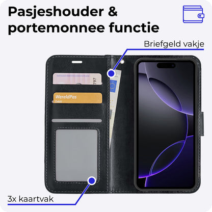 iPhone 16 Pro Max Hoesje Bookcase Cover met Kaarthouder - Zwart