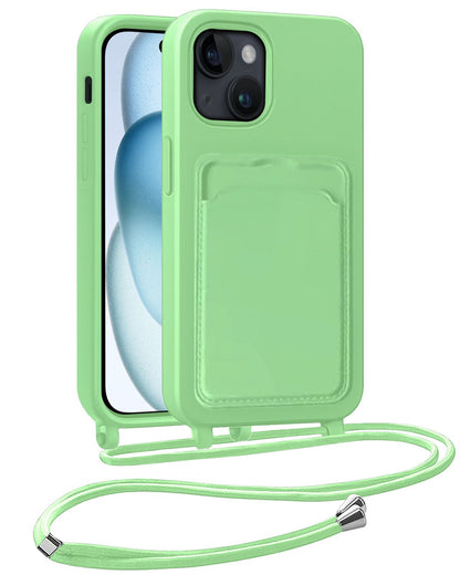 iPhone 15 Hoesje Met Telefoonkoord en Pasjeshouder Siliconen - Groen