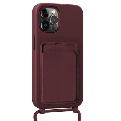 iPhone 13 Pro Hoesje Met Telefoonkoord en Pasjeshouder Siliconen - Aubergine