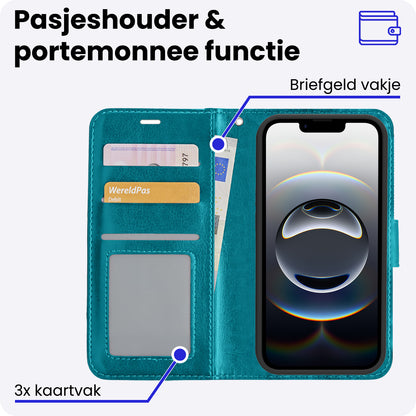 iPhone 16e Hoesje Bookcase Cover met Kaarthouder - Turquoise