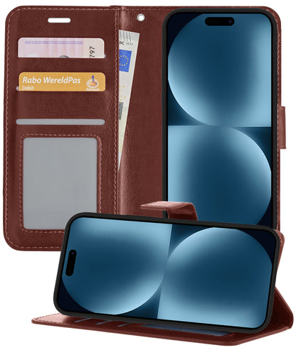 iPhone 15 Plus Hoesje Bookcase Cover met Kaarthouder - Bruin
