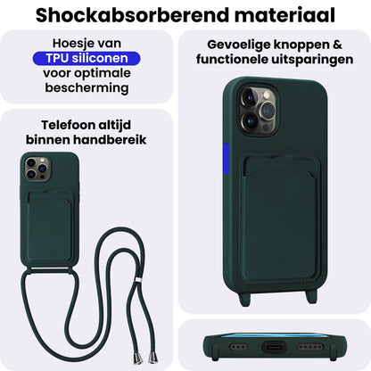 iPhone 13 Pro Hoesje Met Telefoonkoord en Pasjeshouder Siliconen - Donkergroen