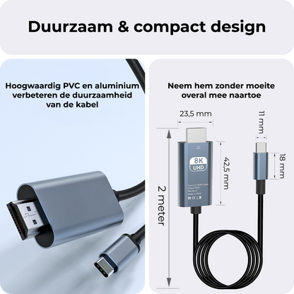 USB C naar HDMI Adapter 8K 60Hz HD Converter - USB C naar HDMI Adapter - 2 meter  - Zwart