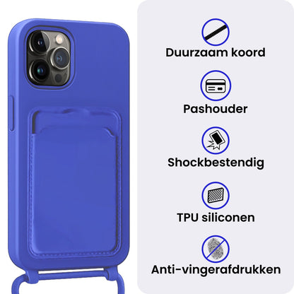 iPhone 15 Pro Max Hoesje Met Telefoonkoord en Pasjeshouder Siliconen - Felblauw