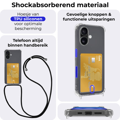 iPhone 16 Plus Hoesje Kaarthouder met Koord Backcover Shockproof - Transparant