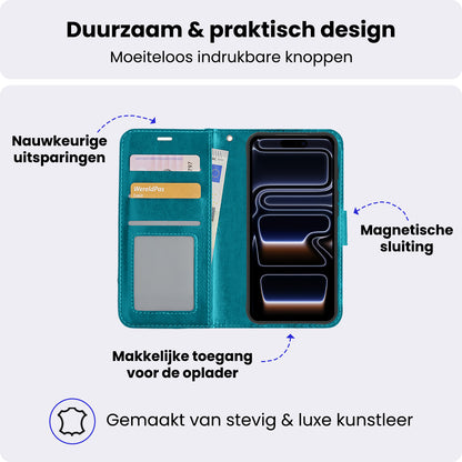 iPhone 17 Pro Max Hoesje Bookcase Cover met Kaarthouder - Turquoise