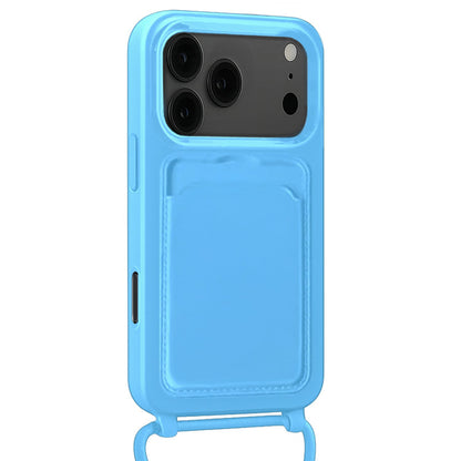 iPhone 17 Pro Max Hoesje Met Telefoonkoord en Pasjeshouder Siliconen - Lichtblauw