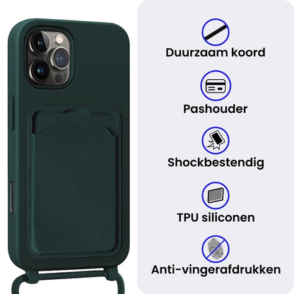 iPhone 16 Pro Max Hoesje Met Telefoonkoord en Pasjeshouder Siliconen - Donkergroen