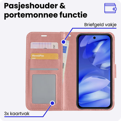 Google Pixel 9a Hoesje Bookcase Cover met Kaarthouder - Rosé goud