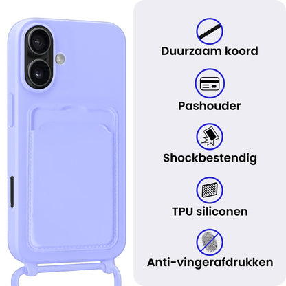 iPhone 16 Plus Hoesje Met Telefoonkoord en Pasjeshouder Siliconen - Lila