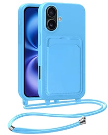 iPhone 16 Plus Hoesje Met Telefoonkoord en Pasjeshouder Siliconen - Lichtblauw