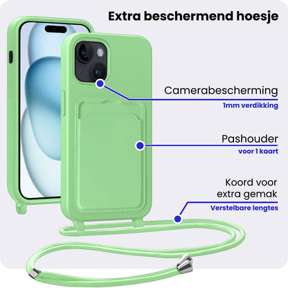 iPhone 15 Hoesje Met Telefoonkoord en Pasjeshouder Siliconen - Groen