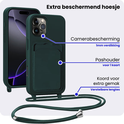 iPhone 16 Pro Max Hoesje Met Telefoonkoord en Pasjeshouder Siliconen - Donkergroen