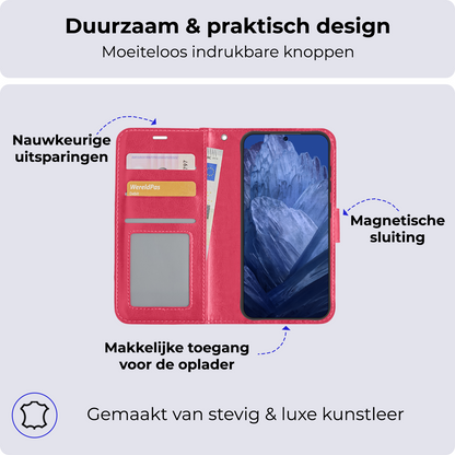 Google Pixel 8a Hoesje Bookcase Cover met Kaarthouder - Donkerroze