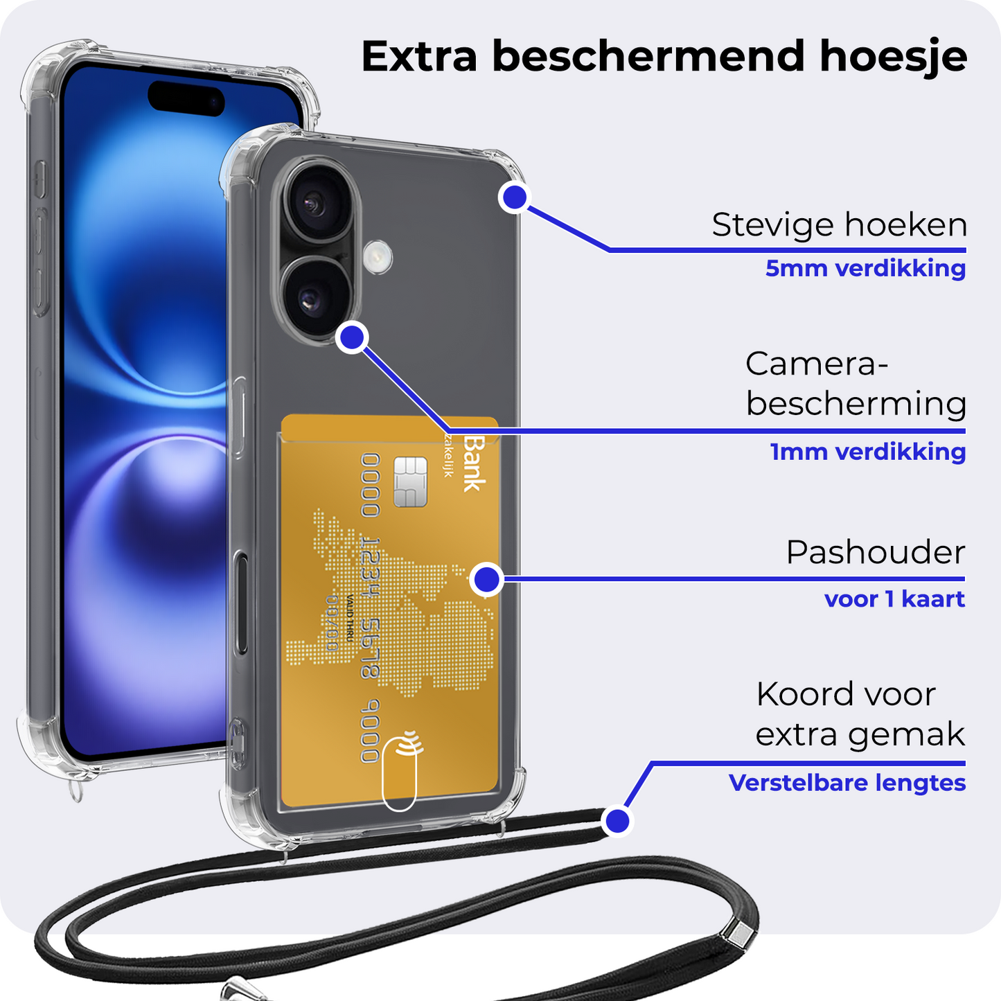 iPhone 16 Hoesje Met Pashouder en Koord - Transparant