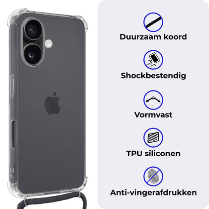 iPhone 16 Plus Hoesje met Koord Backcover Shockproof - Transparant