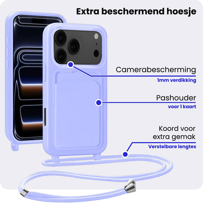 iPhone 17 Pro Hoesje Met Telefoonkoord en Pasjeshouder Siliconen - Lila
